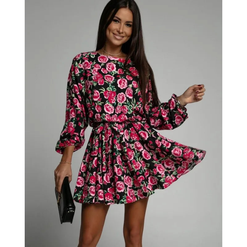 Ladies Printed Dress | High Neck Long Sleeve Dress | Chic Hot Club