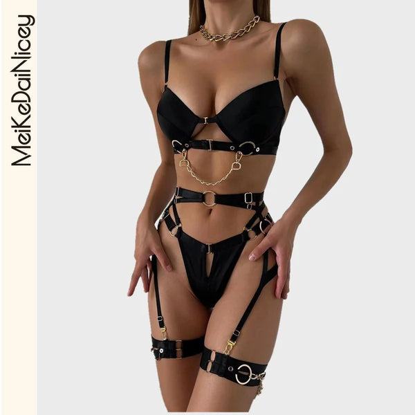 MeiKeDai Fine Lingerie Sexy Fancy Underwear 4-Piece Delicate Luxury Erotic Sets With Chain Bra And Panty Set Garters Intimate