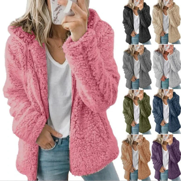 Zipper Hooded Woollen Coat For Women