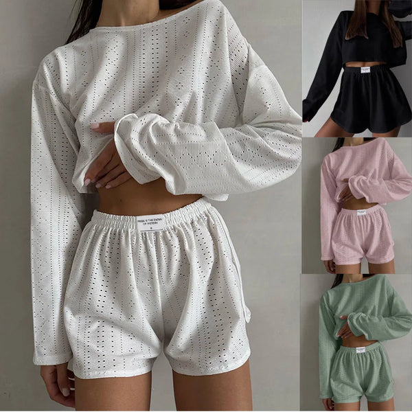 Women's Pajamas Set Spring Long Sleeve Tops With Shorts Sleepwear 2 Piece Set Loose Round Neck Home Wear Loungewear Pyjama Femme