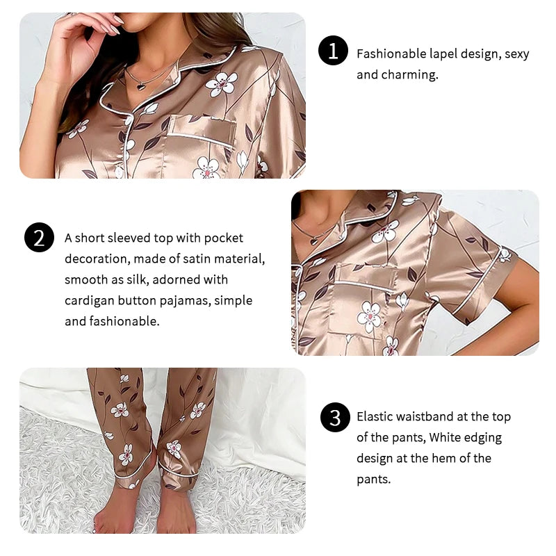 Women's Floral Satin Pajama Set Short Sleeve Top with Pocket and Long Pants for Comfortable Loungewear and Sleepwear Home Wear