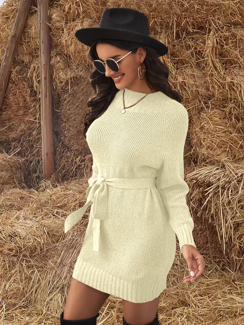 Round neck waistband dress knitted mid-length sweater wrapped buttock women loose outside to wear a lazy skirt with a base