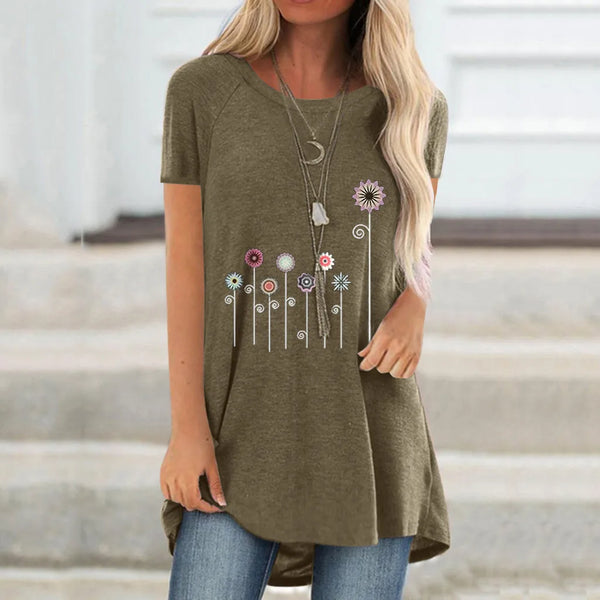 Short Sleeve, Round Neck, Loose Tonic Graphic Print T-Shirt For Girl
