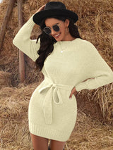 Round neck waistband dress knitted mid-length sweater wrapped buttock women loose outside to wear a lazy skirt with a base