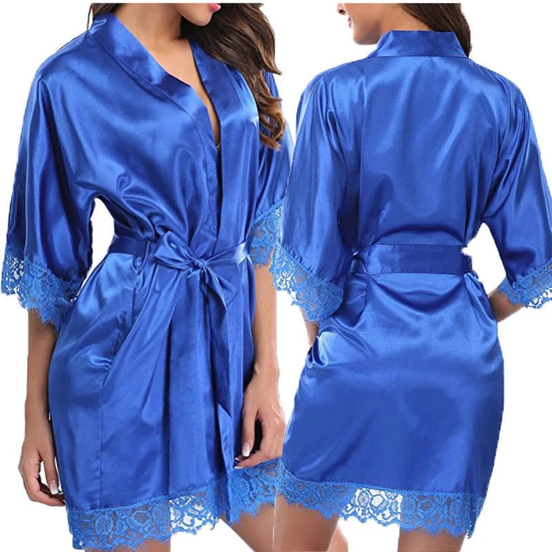 Women Iace Silk Pajamas Robes Sleepwear Nightgowns Half Sleeve Nightdress Black Lace Bathrobe Smooth Soft Comfortable Pure Color