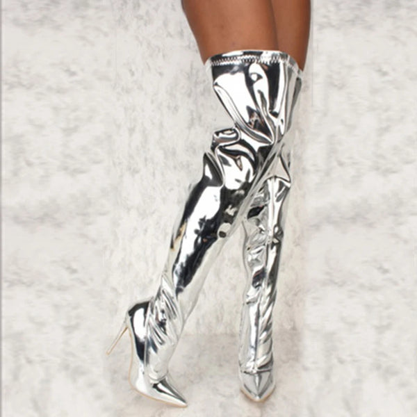 Silver  Mirror  Thigh-High Boots