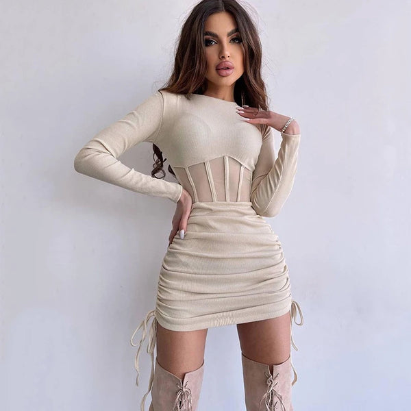2024 Solid Mesh Hollow Waist Women Short Skirt Spring And Summer Fashion Women's O-Neck Sexy Long Sleeve Pleated Short Skirt for