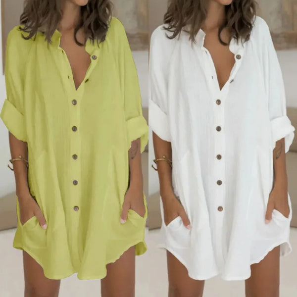 Summer women's cotton and linen single breasted medium length short sleeved loose fitting shirt
