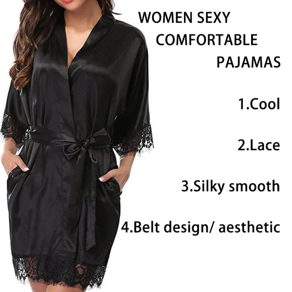 Women Iace Silk Pajamas Robes Sleepwear Nightgowns Half Sleeve Nightdress Black Lace Bathrobe Smooth Soft Comfortable Pure Color