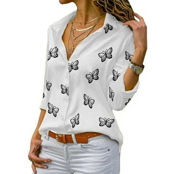 New Women's Fashion Shirt Clothing Loose Lapel Button T-shirt Butterfly Print Open Front Shirt Ladies Elegant Casual Blouses