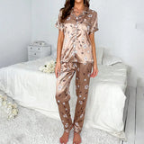 Women's Floral Satin Pajama Set Short Sleeve Top with Pocket and Long Pants for Comfortable Loungewear and Sleepwear Home Wear