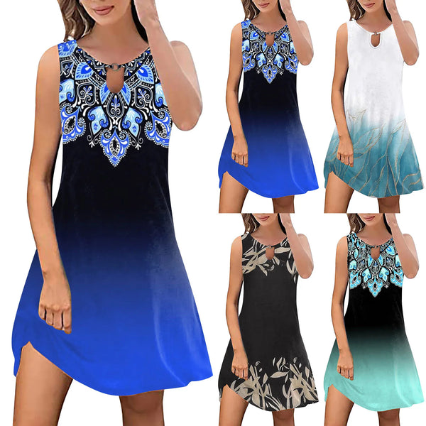 2024 Summer Bohemian Color Printed Mini Dresses For Women Sleeveless O Neck Hollow Out A-line Dress Fashions Casual Vestidos
