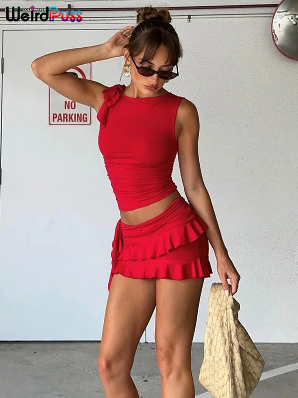 Weird Puss Women 2Piece Set Double-Deck Pleated Tassel Mini Skirt+Bandage Slim Tank Top Festival Party Sexy Matching Outfits