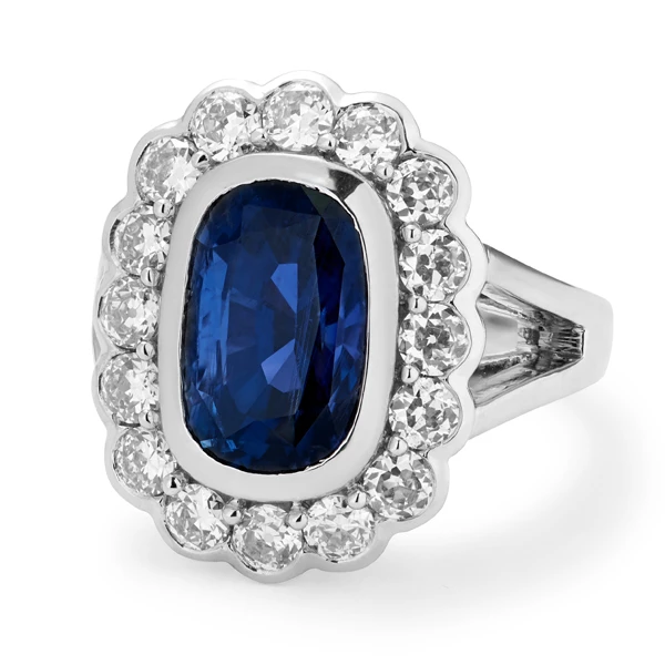 Unheated Madagascar Sapphire Cushion & Diamond Cluster Ring 
