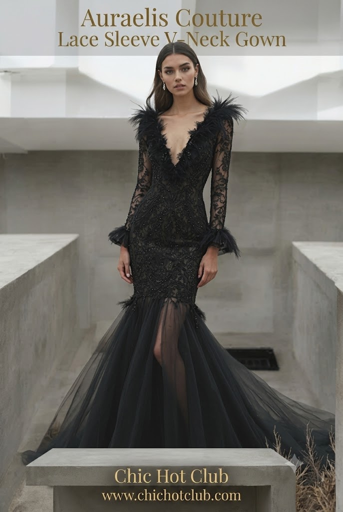 Auraelis CoutureLace Sleeve V-Neck Gown -  high end lifestyle club boutique