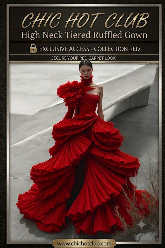 luxury lifestyle digital magazine  l Auraelis CoutureHigh Neck Tiered Ruffled Gown